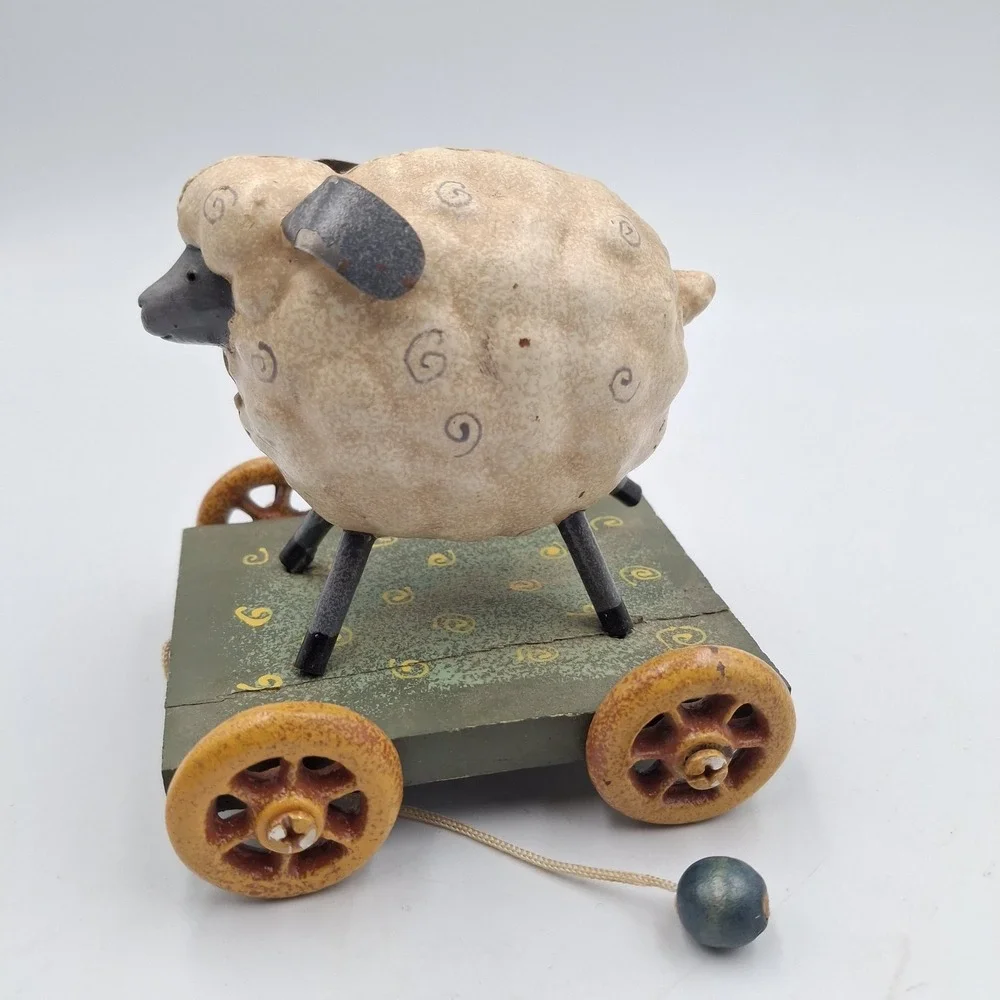 Primitive Folk Art Sheep Pull Toy Figurine Vintage Style Lamb on Wheels Decor